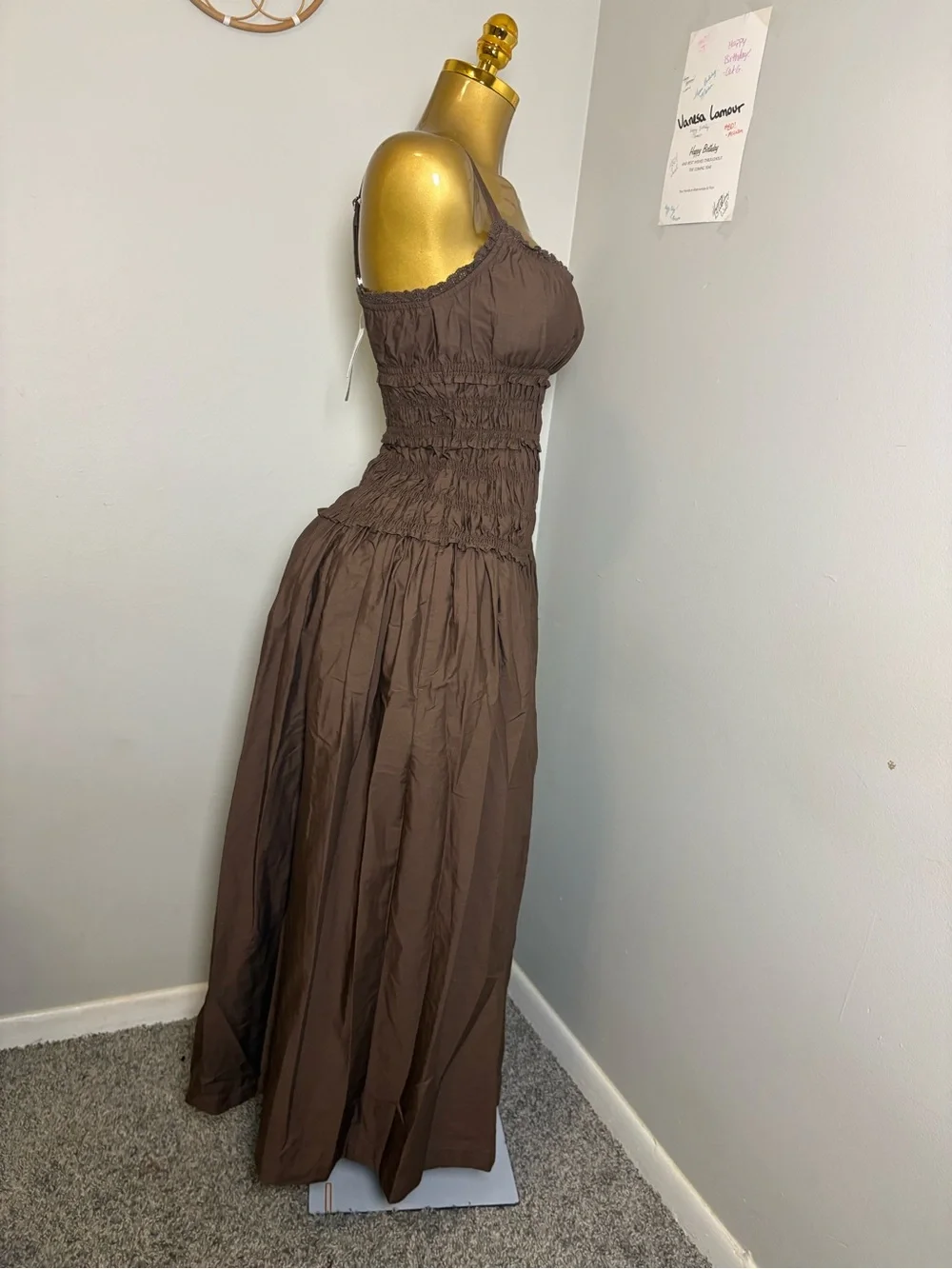 Abercrombie & Fitch Bra-Free Smocked Drop-Waist Maxi Dress in the color Chestnu